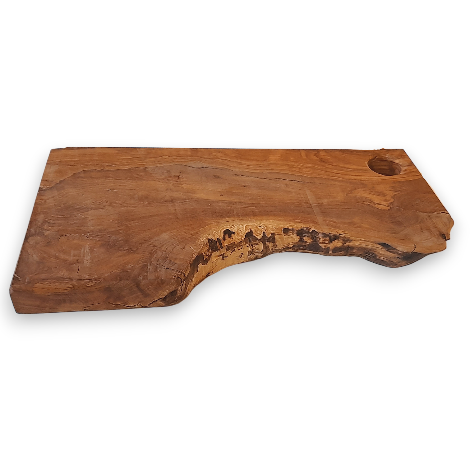 Tábua Irregular em Oliveira (39,5x20x3cm) Tábua de madeira de cozinha com uma borda curva e orifício redondo