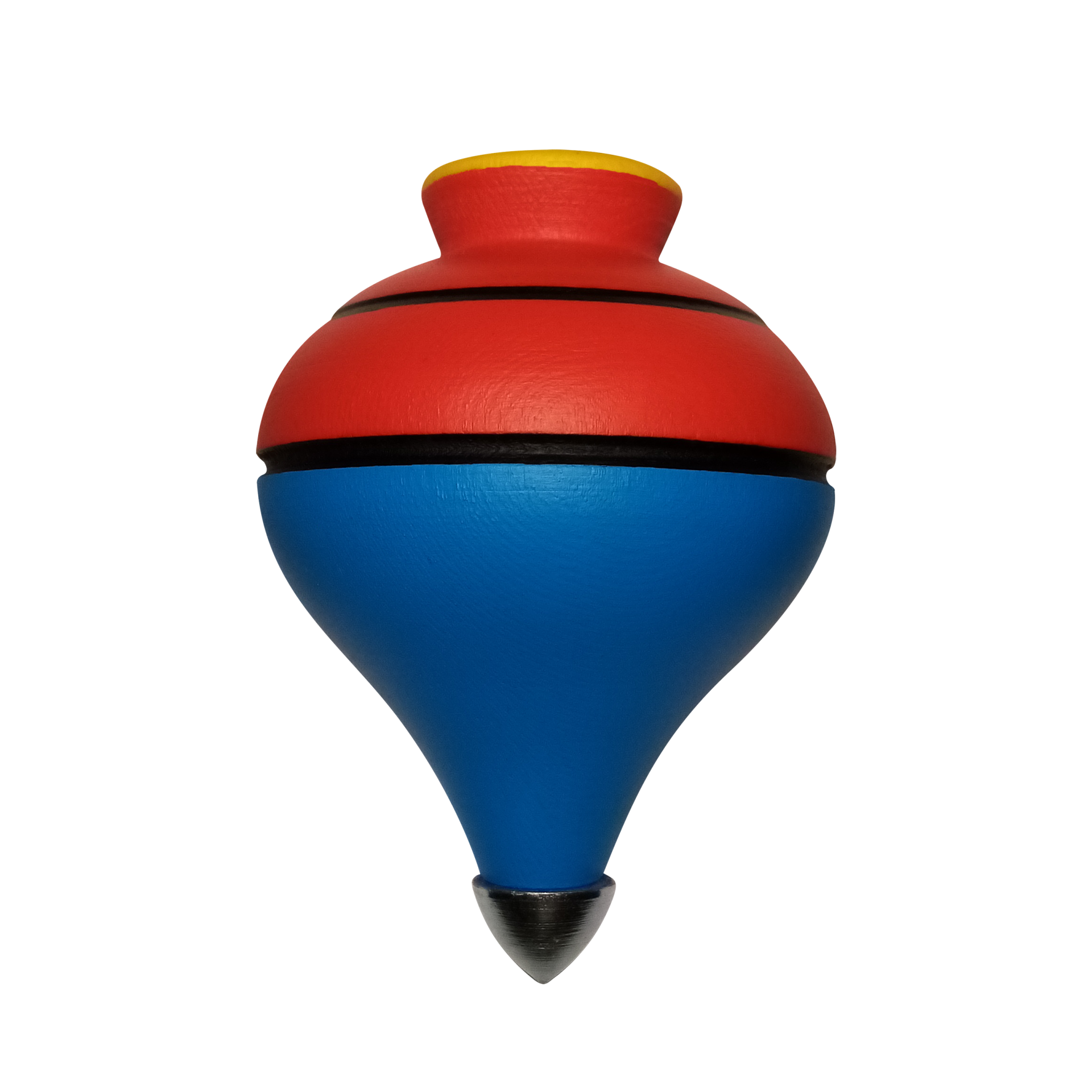 Super-Piões de Madeira Pintados à Mão SUPERMAN – Clássicos da Infância Reinterpretados por Damião Vieira Peão colorido de madeira vermelho, azul e amarelo com linhas pretas