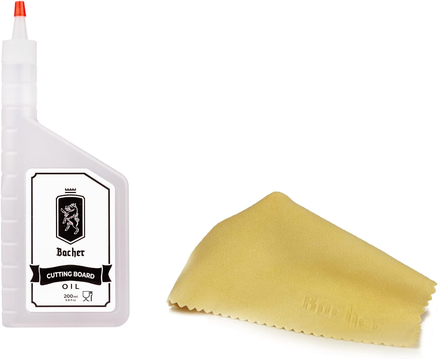 Óleo para tábuas de corte e bancadas de cozinha 200 ml Frasco de óleo para tábuas de corte Bacher e pano amarelo claro