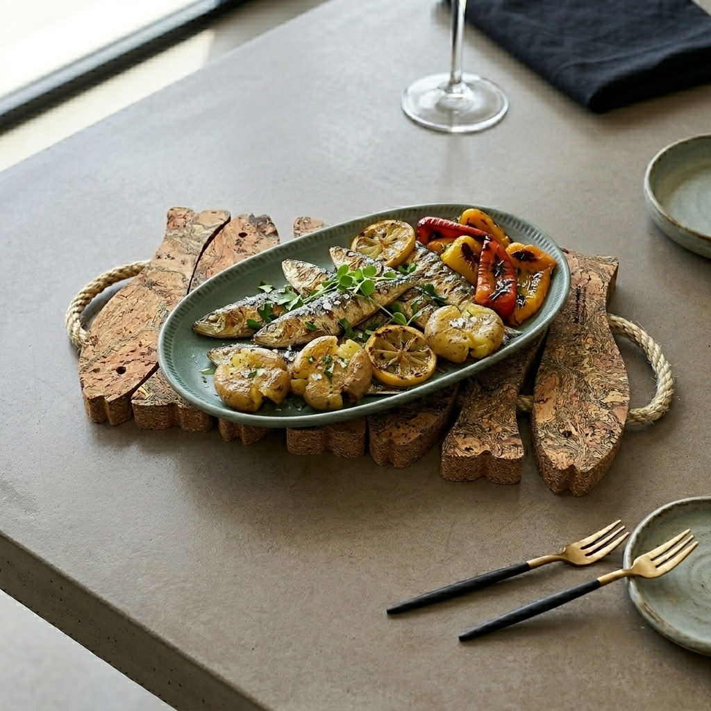 Base para Tachos em Cortiça com Pegas de Sisal – Tamanho Grande 7 Sardinhas, Personalize com Gravação a Laser Prato oval verde com peixe grelhado, batatas, limão e pimentos sobre tabuleiro de cortiça numa mesa cinzenta