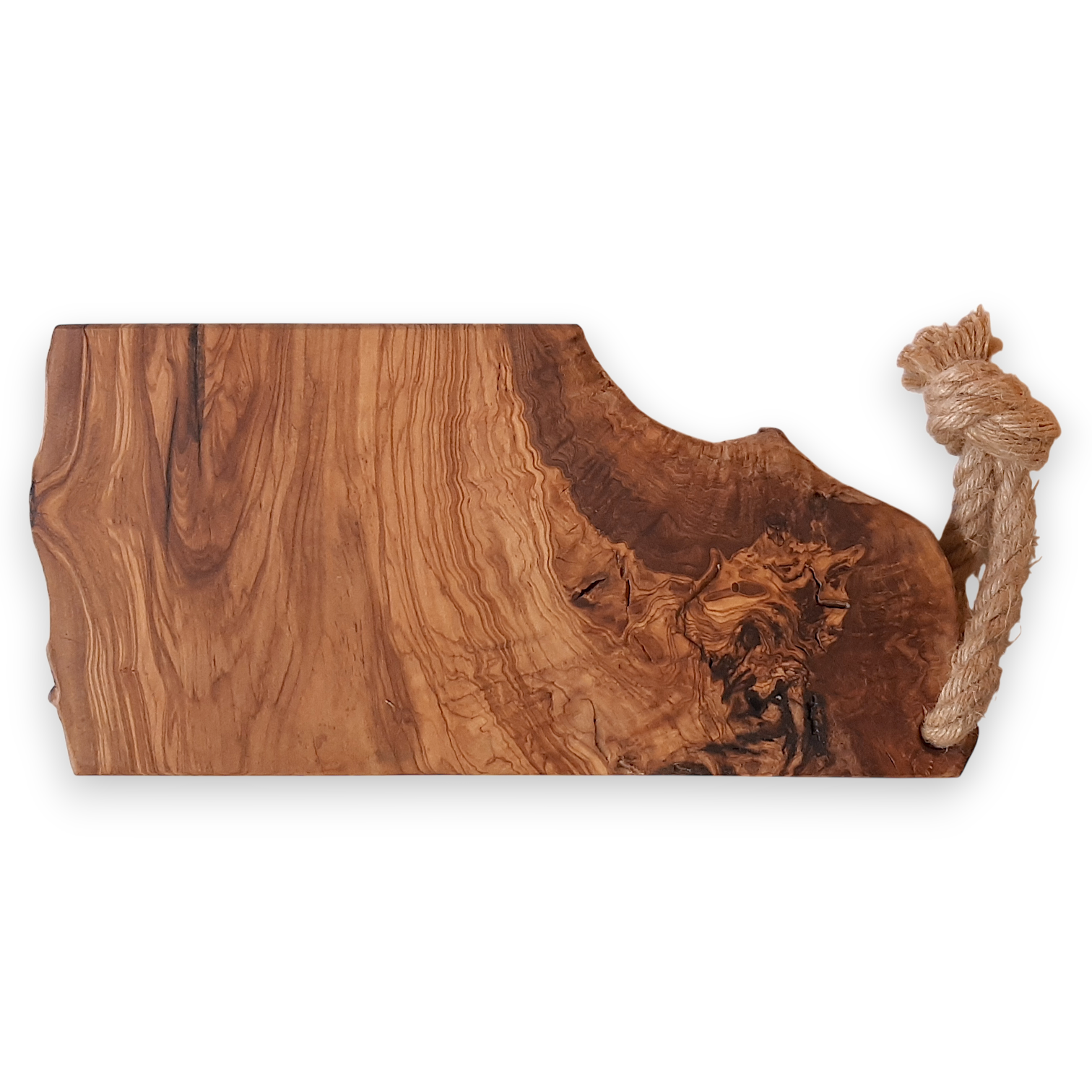 Tábua Irregular em Oliveira (36x17x2cm) Tábuas de madeira para corte ou servir com corda rústica.