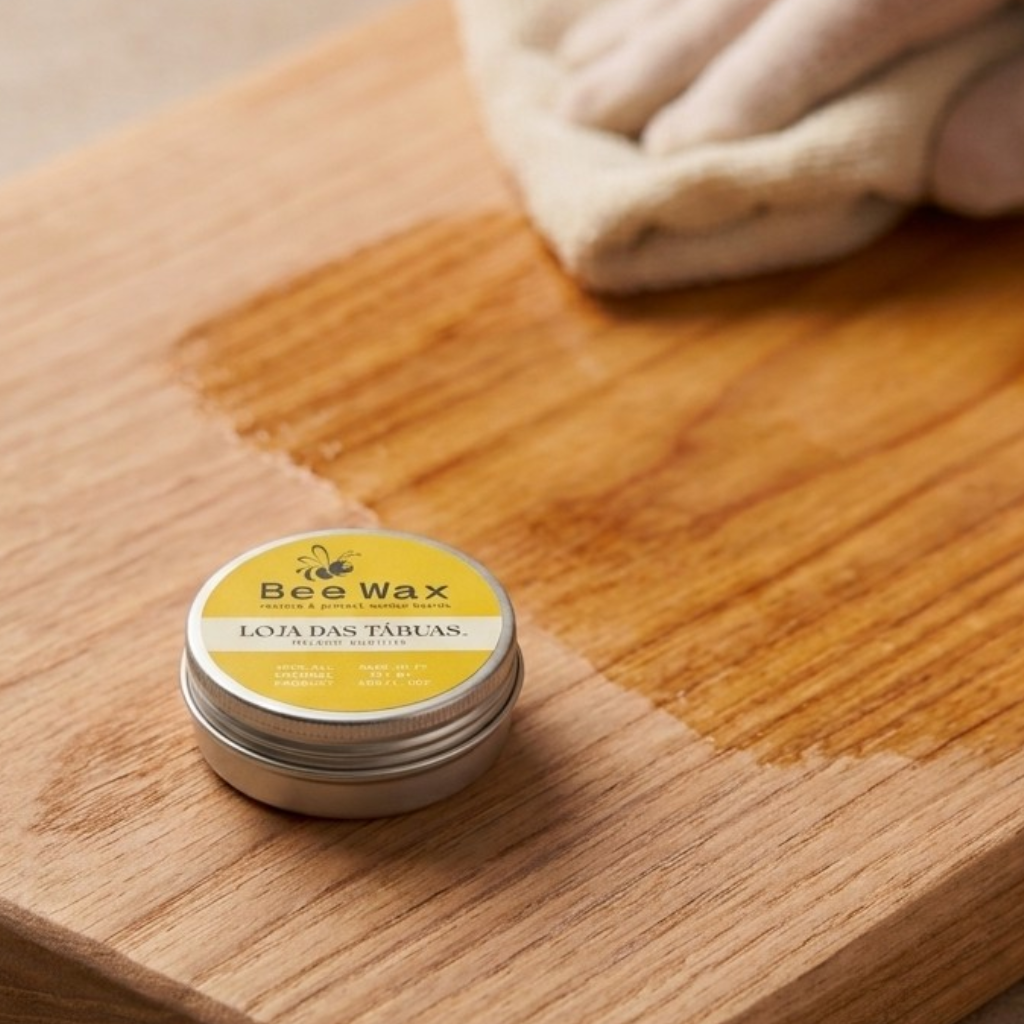 Cera de Abelha / Bee Wax 30g Pote de cera natural Bee Wax para madeira sobre tábua de madeira com parte polida e pano bege