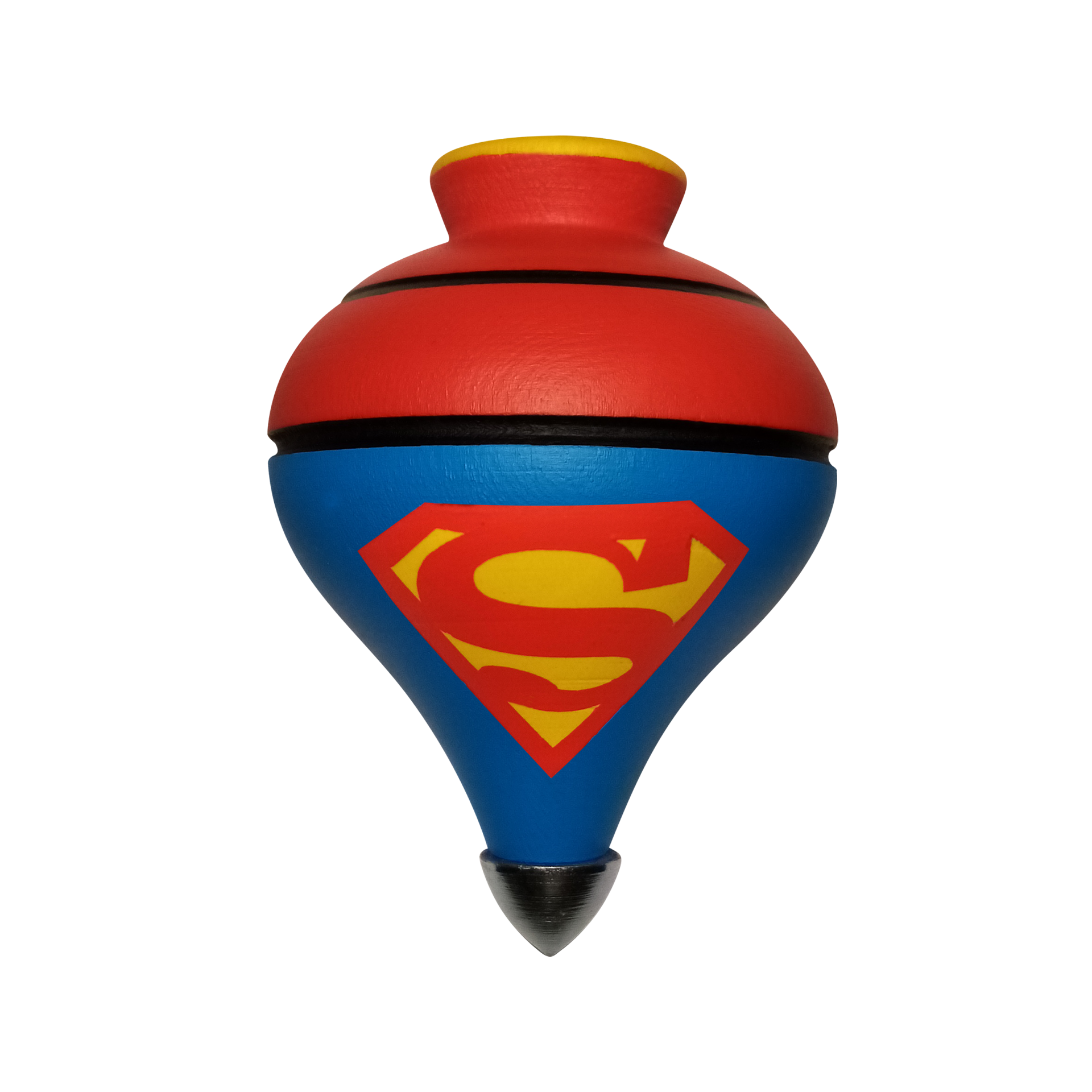 Super-Piões de Madeira Pintados à Mão SUPERMAN – Clássicos da Infância Reinterpretados por Damião Vieira Pião colorido com símbolo do Superman