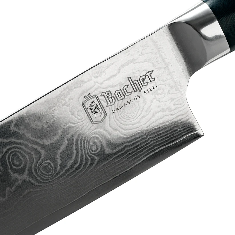 Faca Santoku Bacher em Aço Damasco com Pano de Limpeza e Cera Protetora Lâmina de faca de cozinha em aço Damasco com gravura Bachet DAMASCUS STEEL