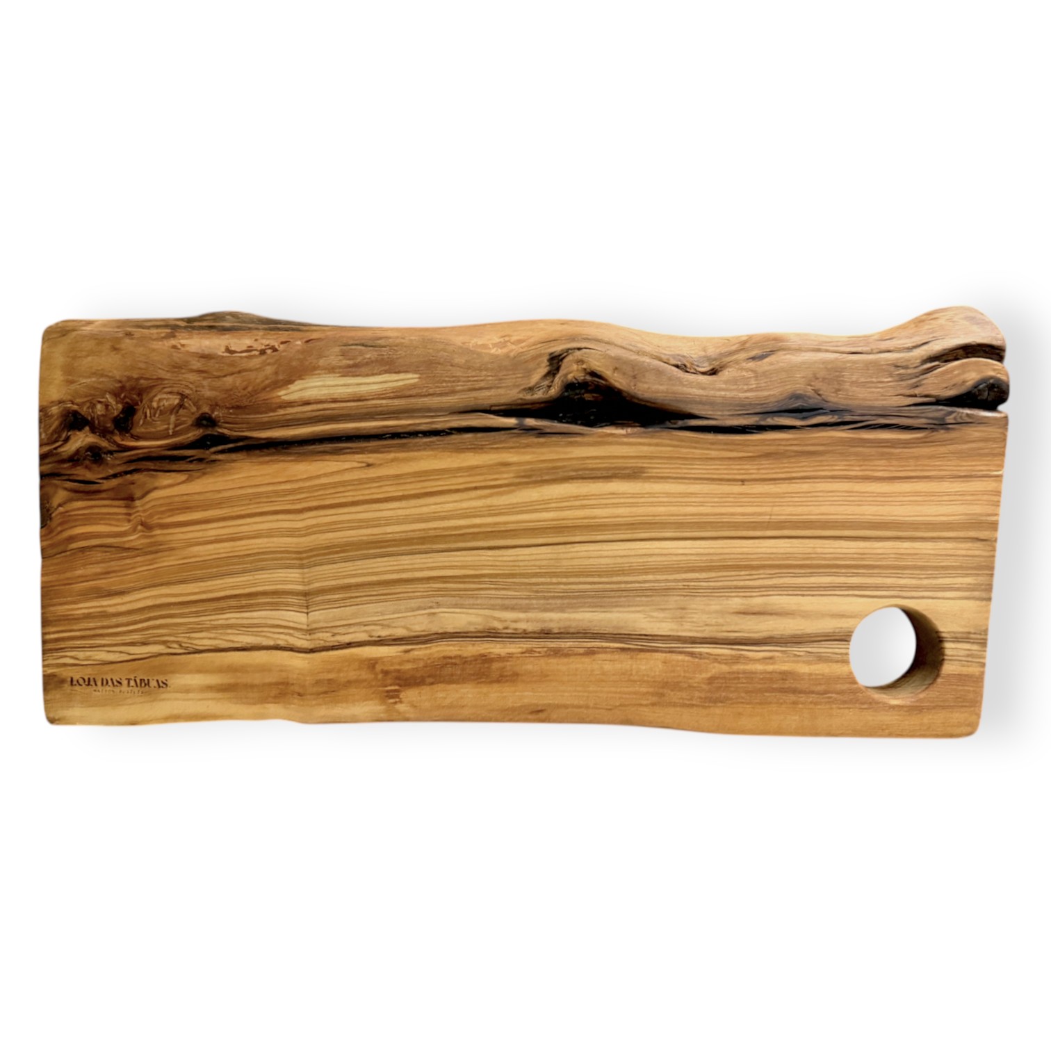 Tábua Irregular em Oliveira (33x14x2cm) Tábua de corte em madeira natural com buraco redondo e gravação LOJA DAS TÁBUAS