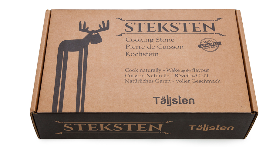 Pedra para Cozinhar STEKSTEN _ Täljsten® Caixa castanha de embalagem do STEKSTEN Tälstenen com texto e ilustração de alce em preto