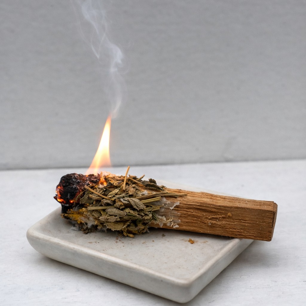Pau Santo - lavanda, calêndula e alecrim Vara de madeira com folhas secas acesa sobre prato de cerâmica branca