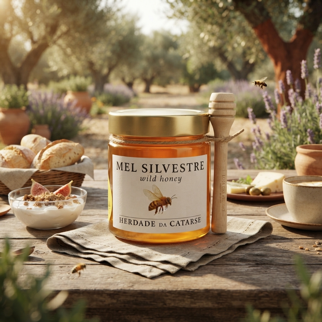 MEL SILVESTRE - HERDADE DA CATARSE 250 GR Frasco de mel silvestre com colher de madeira numa mesa rústica ao ar livre