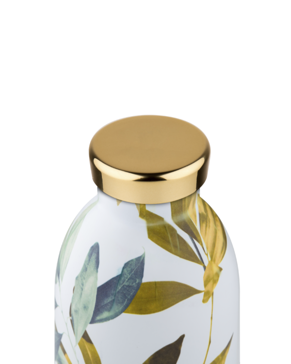 Clima Bottle - Tivoli 500ml Garrafa branca com tampa metálica dourada e decoração de folhas