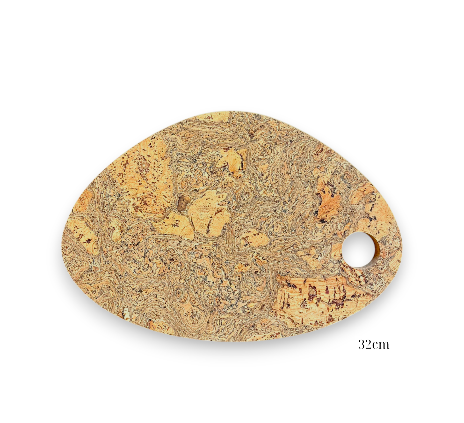 Base Oval para Tachos em Cortiça com Acabamento Marmoreado e Furo - 32cm Placa triangular em cortiça com orifício circular e medida 32cm