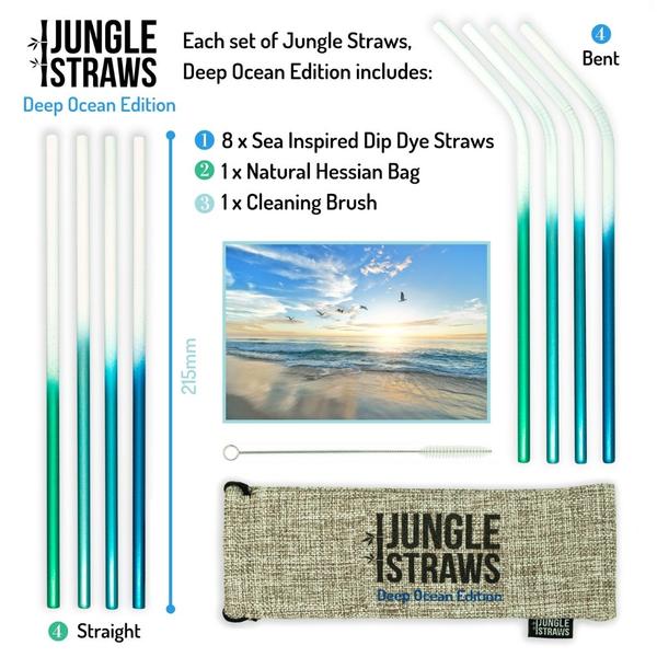 8 Palhinhas de Aço Inoxidável + Saco de juta - Living Coral Edition Conjunto Jungle Straws Deep Ocean Edition com palhinhas azuis e verdes, saco de estopa e escova de limpeza