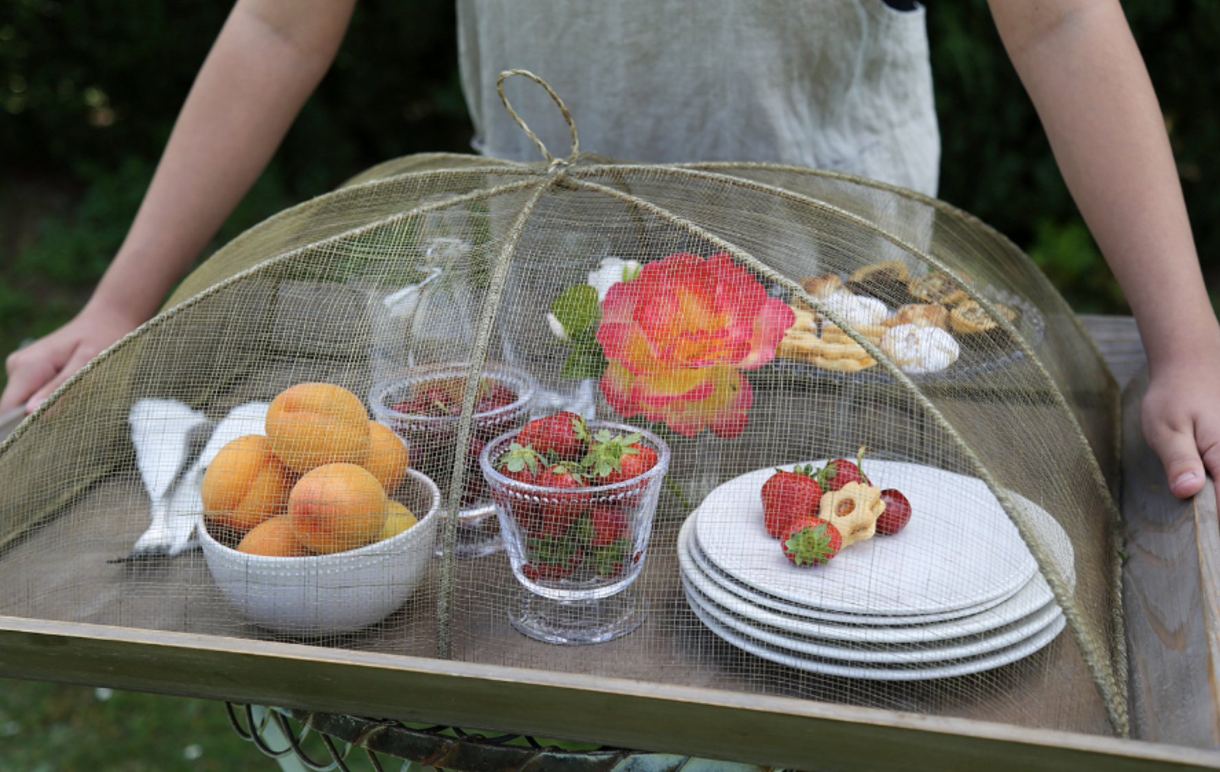 Cobertura alimentar em rede abaca 48x66xh25cm - verde linho Tela de proteção dourada cobre alimentos em tabuleiro de madeira com frutas, bolos e pratos.