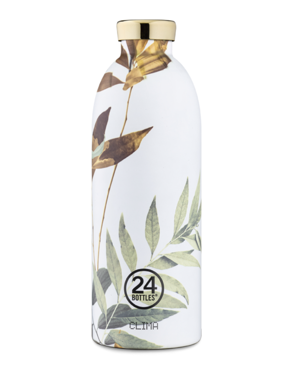 Clima Bottle - Tivoli 850ml Garrafa térmica branca com folhas verdes e castanhas e tampa dourada.