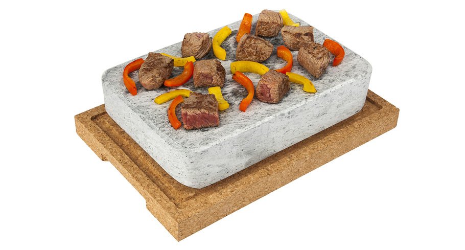 Pedra para Cozinhar STEKSTEN _ Täljsten® Bloco de pedra cinza com carne e pimentos sobre base de cortiça