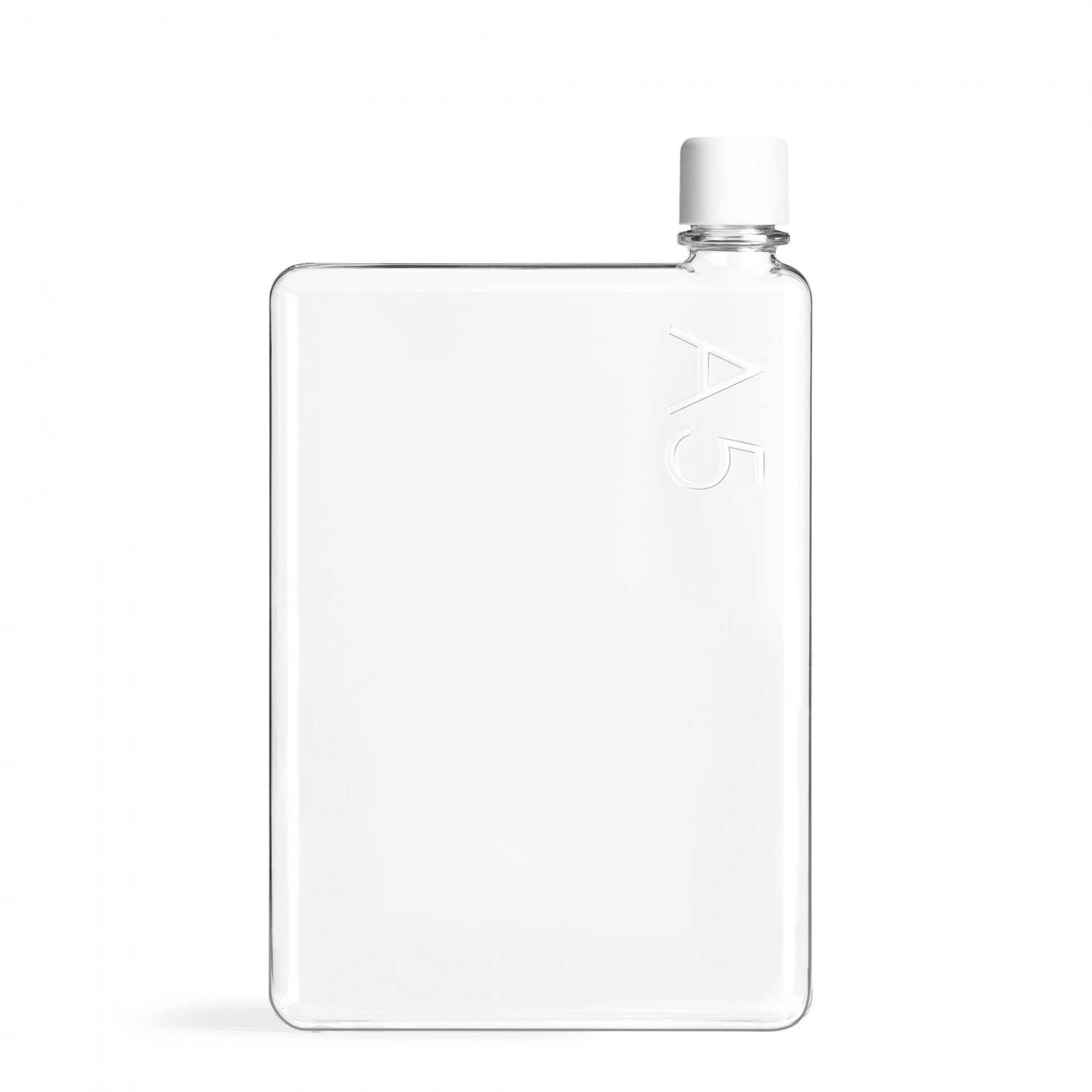 A5 memobottle Garrafa de água retangular transparente com tampa branca e inscrição A5