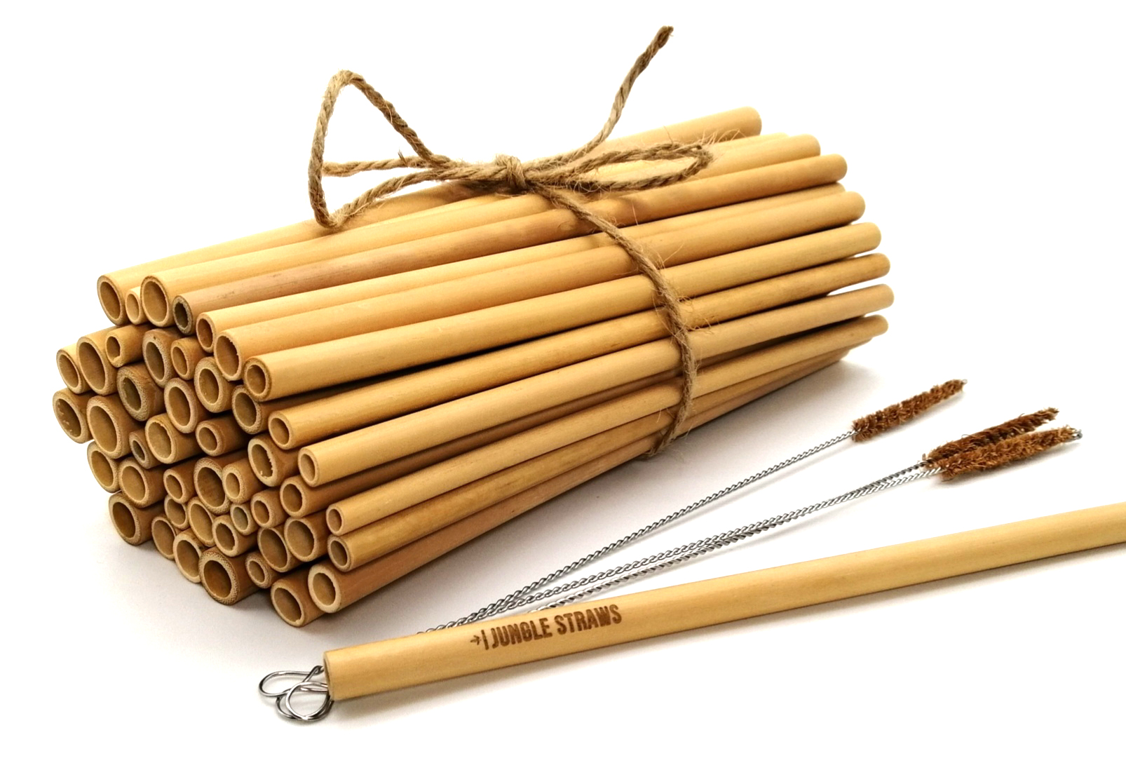 20 Canas de Bambo Palhinhas de bambu amarradas com corda, escovas de limpeza e palhinha com texto JUNGLE STRAWS