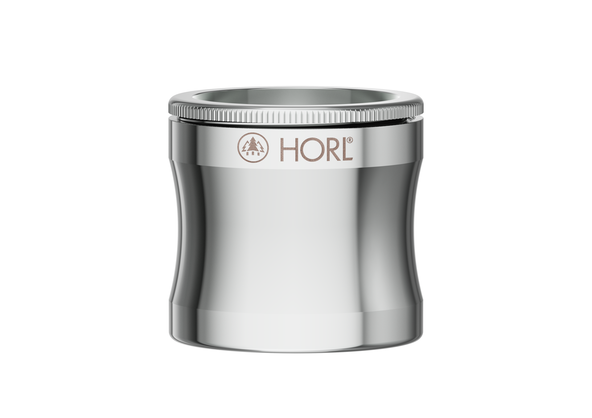 HORL MAGNIFIER Objeto metálico prateado com texto HORL e símbolo de árvores