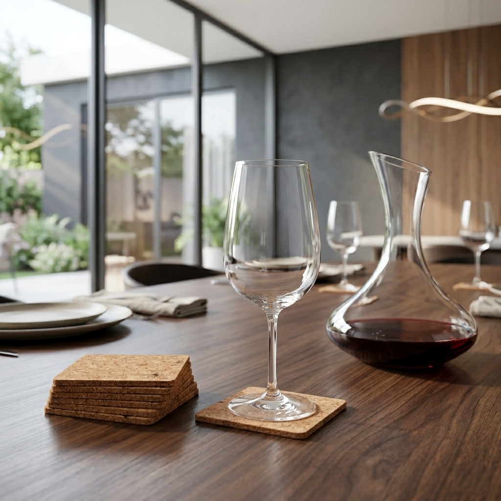 Conjunto de 8 Bases Quadradas para Copos em Cortiça – Personalize com Gravação a Laser Bases para copos de cortiça quadradas com copo de vidro e garrafa de vinho em mesa de madeira