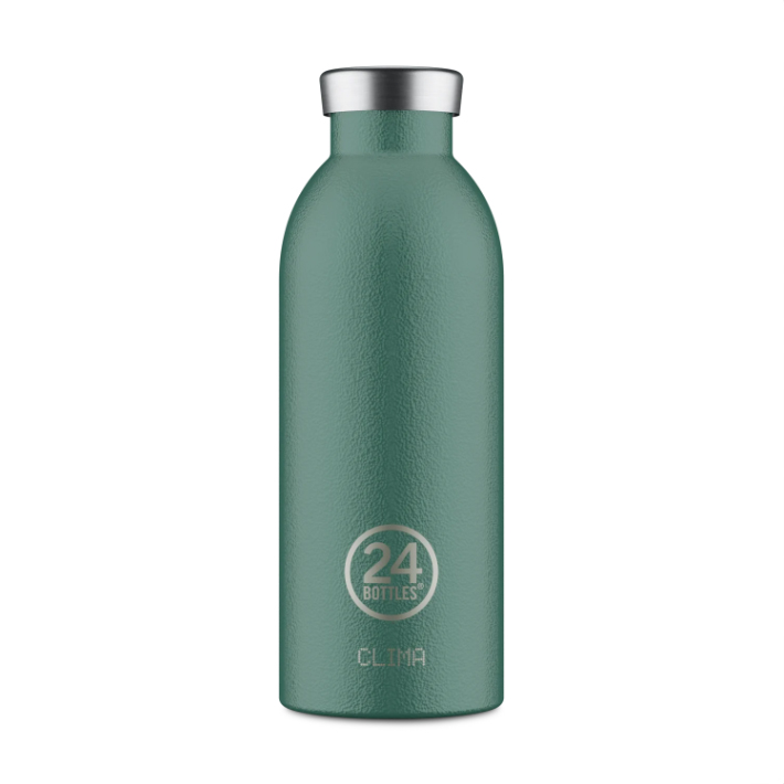 Clima Bottle - Moss Green 500ml Garrafa térmica verde fosca com tampa prateada e texto 24 BOTTLES CLIMA