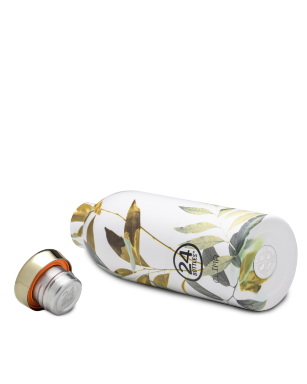 Clima Bottle - Tivoli 500ml Garrafas térmicas brancas com padrão de folhas verdes e douradas
