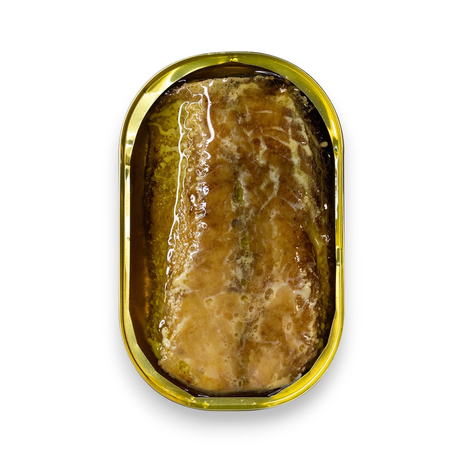 CAVALA FUMADA - FILETE - DOS AÇORES Conserva metálica dourada com alimento marrom e oleoso no interior