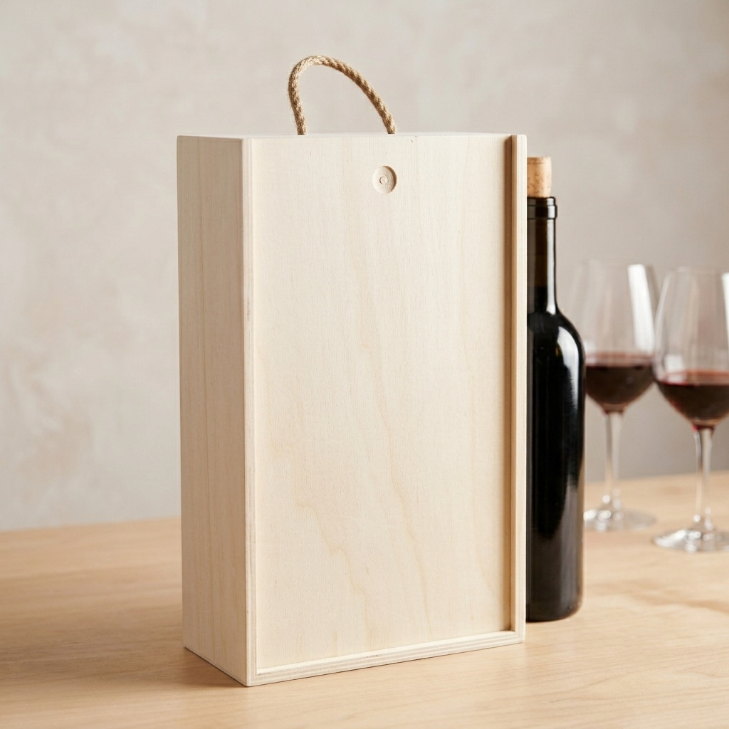 Caixa de Madeira de Choupo para 2 Garrafas de Vinho com Pega em Corda – Personalize com Gravação Laser Caixa de madeira clara com tampa deslizante e corda, garrafa de vinho e taças