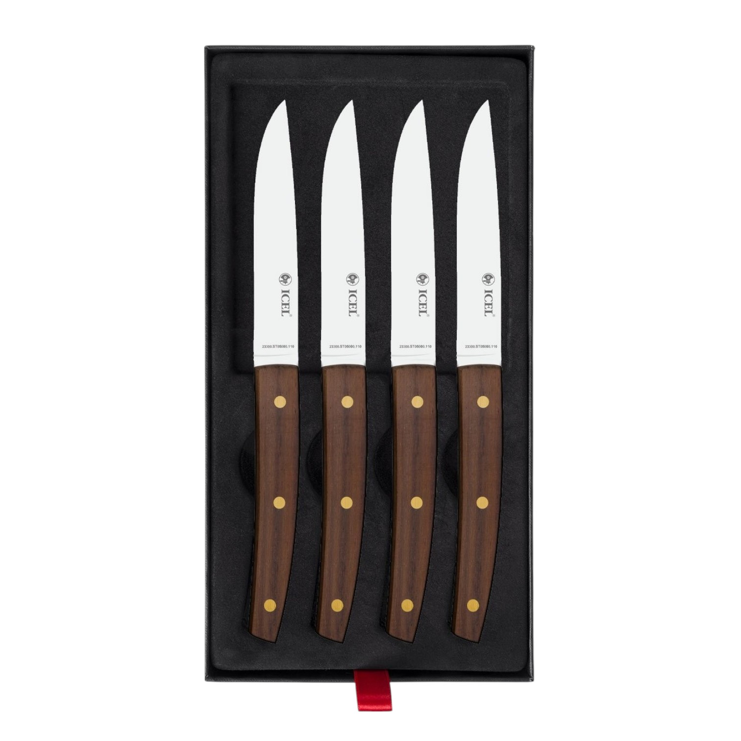 Conjunto de 4 Facas para Carne – Cabo em Madeira de Pau Santo Conjunto de quatro facas com lâminas em aço inox e cabos em madeira castanha embaladas em caixa preta