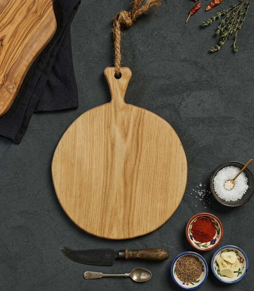 Tábua de Carvalho Laura Living - Pizza M - 30 CM Tábua de cozinha redonda em madeira com cabo e corda, faca, colher e pequenos potes com temperos