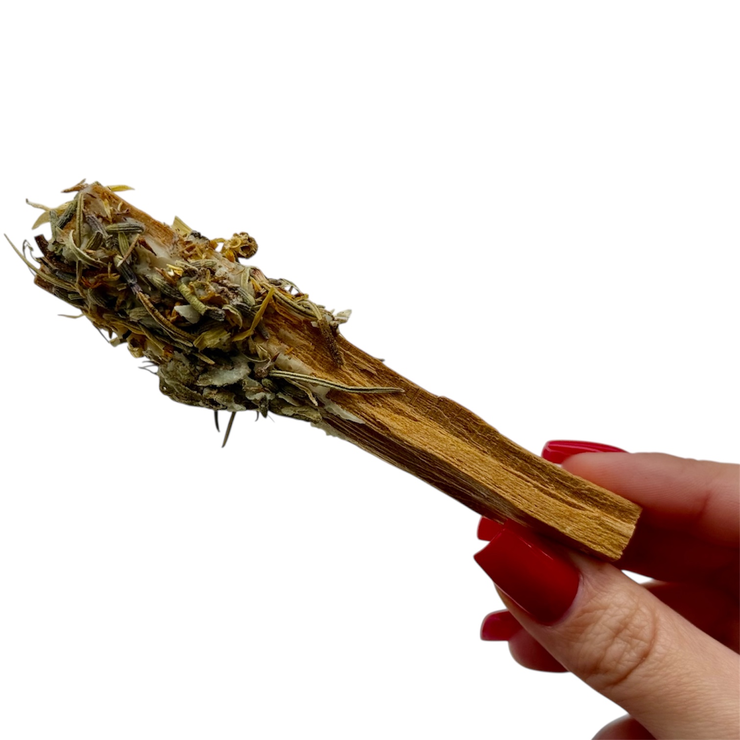 Pau Santo - lavanda, calêndula e alecrim Mão segurando pedaço de madeira com ervas secas