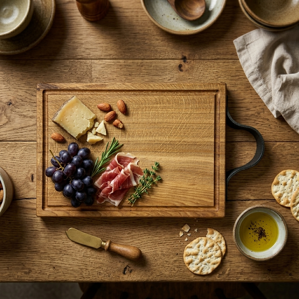 Tábua de Carvalho Laura Living - Chopping Board M - 40CM c/sulco e pega em pele Tabuleiro de madeira com petiscos variados e utensílios sobre mesa rústica