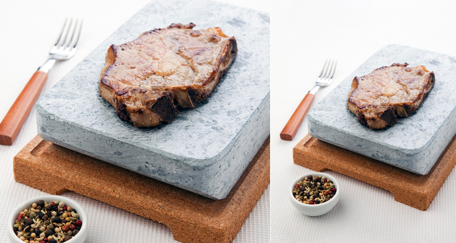 Pedra para Cozinhar STEKSTEN _ Täljsten® Bife sobre pedra de granito com base de cortiça e garfo ao lado