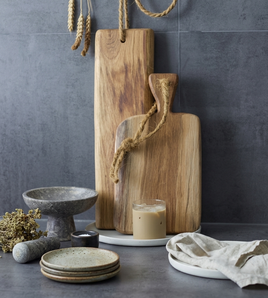 Tábua de Carvalho Laura Living - Robust S - 37cm Mesa de cozinha com tábuas de madeira, pratos cerâmicos, tigela e almofariz de pedra, copo com bebida e guardanapo.