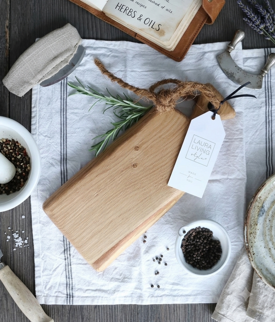 Tábua de Carvalho Laura Living - Tapas Mini Mixi Tábua de madeira clara com etiqueta e ervas aromáticas sobre pano branco e utensílios de cozinha