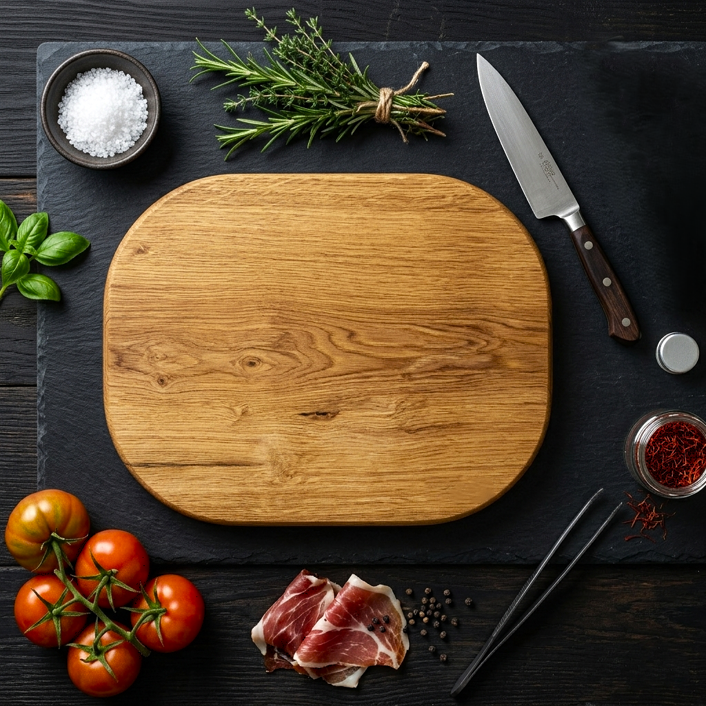 Tábua de Carvalho Laura Living - Butcher Block - 50x40CM Tábua de madeira oval com temperos e talheres numa superfície escura.