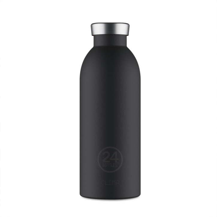 Clima Bottle - Tuxedo Black 500ml Garrafa térmica preta com tampa prateada e texto '24 BOTTLES' na frente