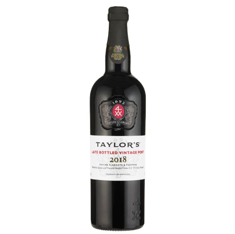 Taylors LBV 2018 750ml Garrafa de vinho do Porto Taylor's Late Bottled Vintage Port 2018 com rótulo branco e texto em preto e vermelho