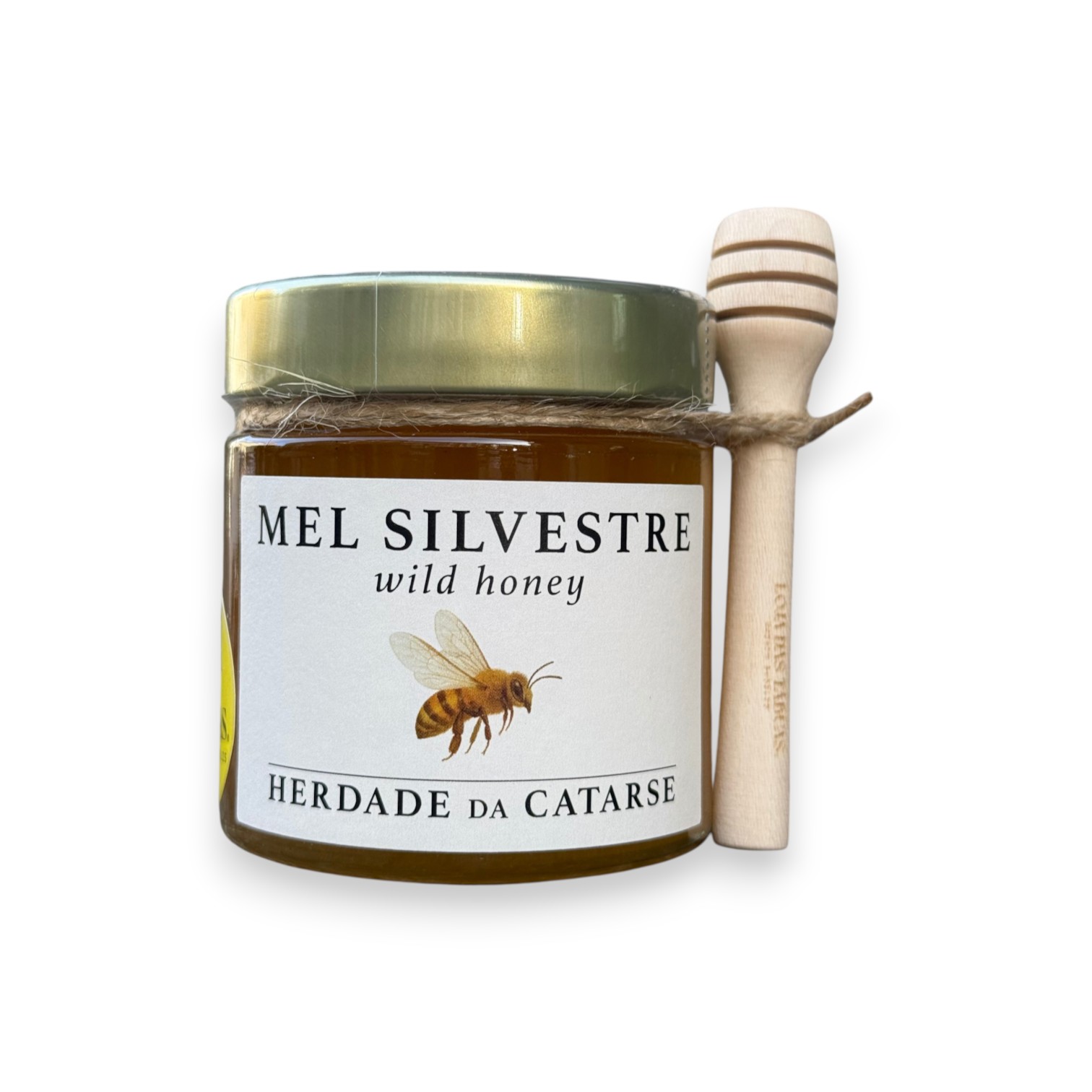 MEL SILVESTRE - HERDADE DA CATARSE 250 GR Frasco de mel silvestre com rótulo e colher de madeira para mel