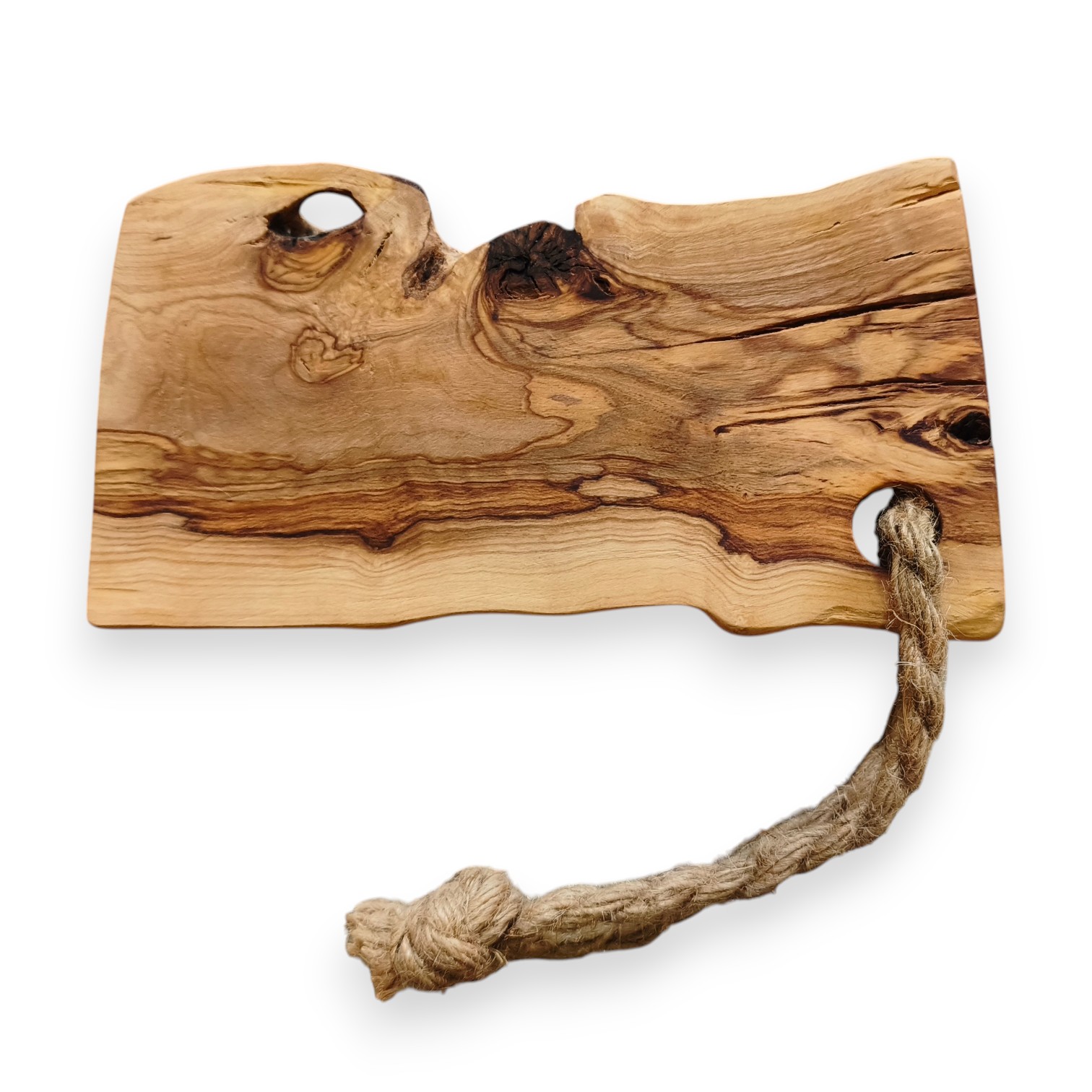 Tábua Irregular em Oliveira (21x10x2cm) Tábua de corte em madeira natural com corda amarrada