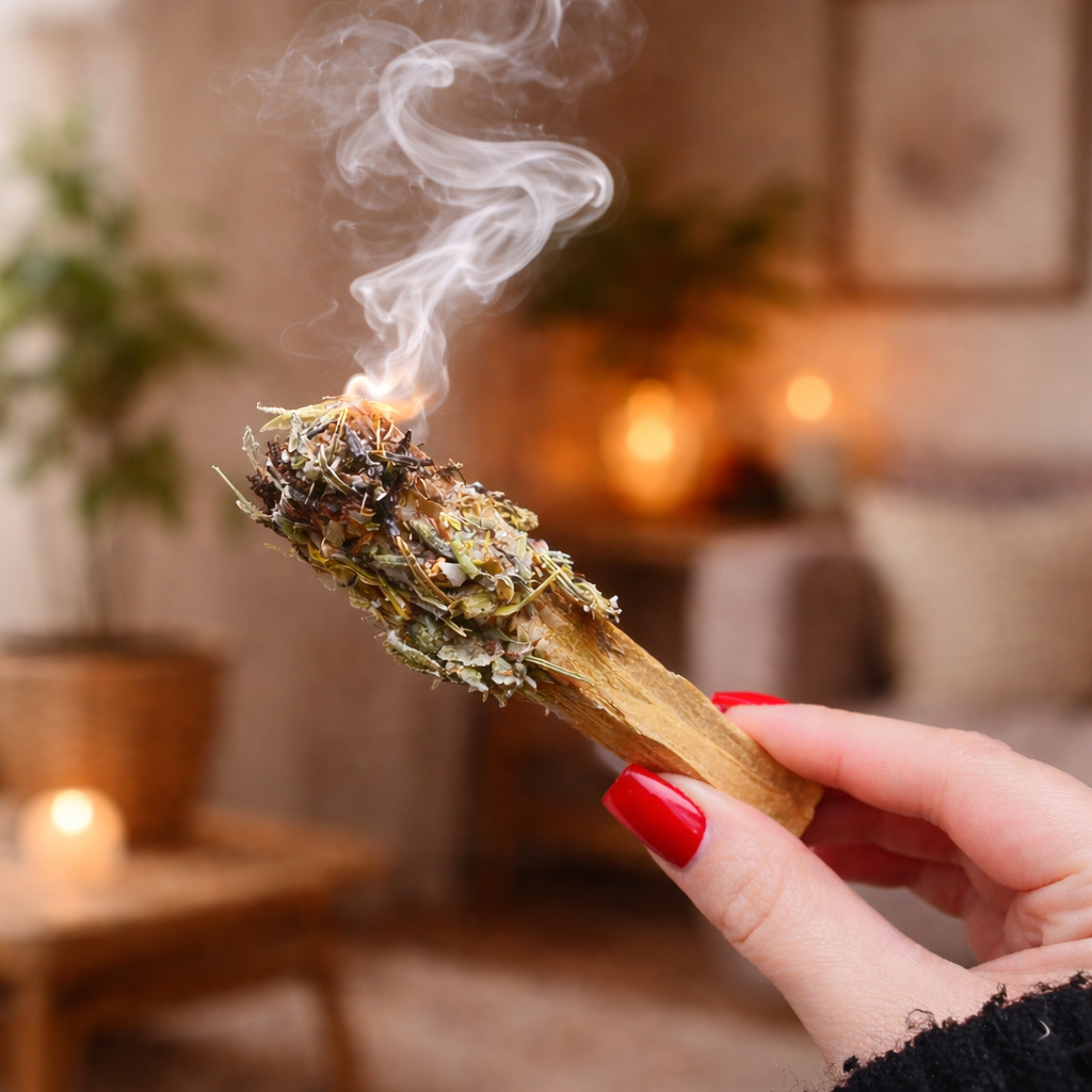 Pau Santo - lavanda, calêndula e alecrim Mão a segurar incenso de ervas aceso com fumo em ambiente interno acolhedor