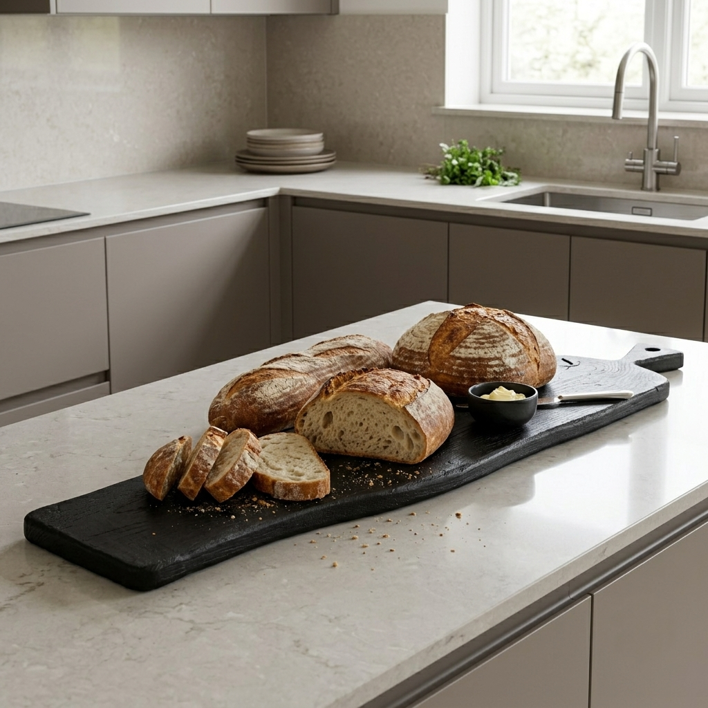Tábua de Carvalho Laura Living - Tapas L - 95CM Black Edition Tabua de cortar preta com pães artesanais cortados e inteiros com manteiga numa bancada de cozinha clara