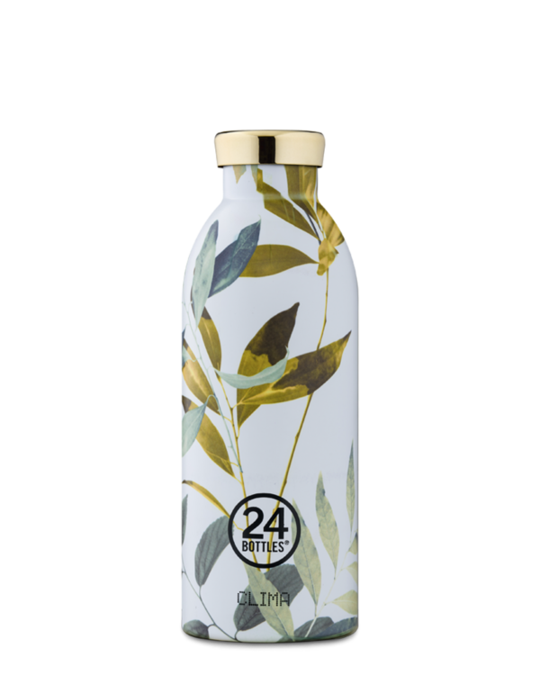 Clima Bottle - Tivoli 500ml Garrafa térmica branca decorada com folhas e tampa dourada.