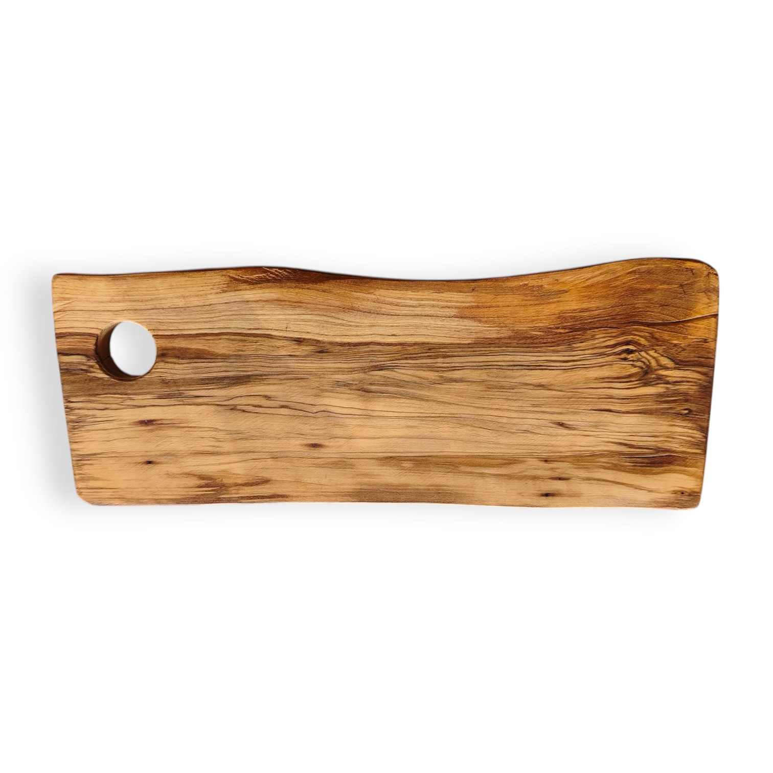 Tábua Irregular em Oliveira (33x12x2cm) Tábua de madeira retangular com bordas onduladas e buraco circular