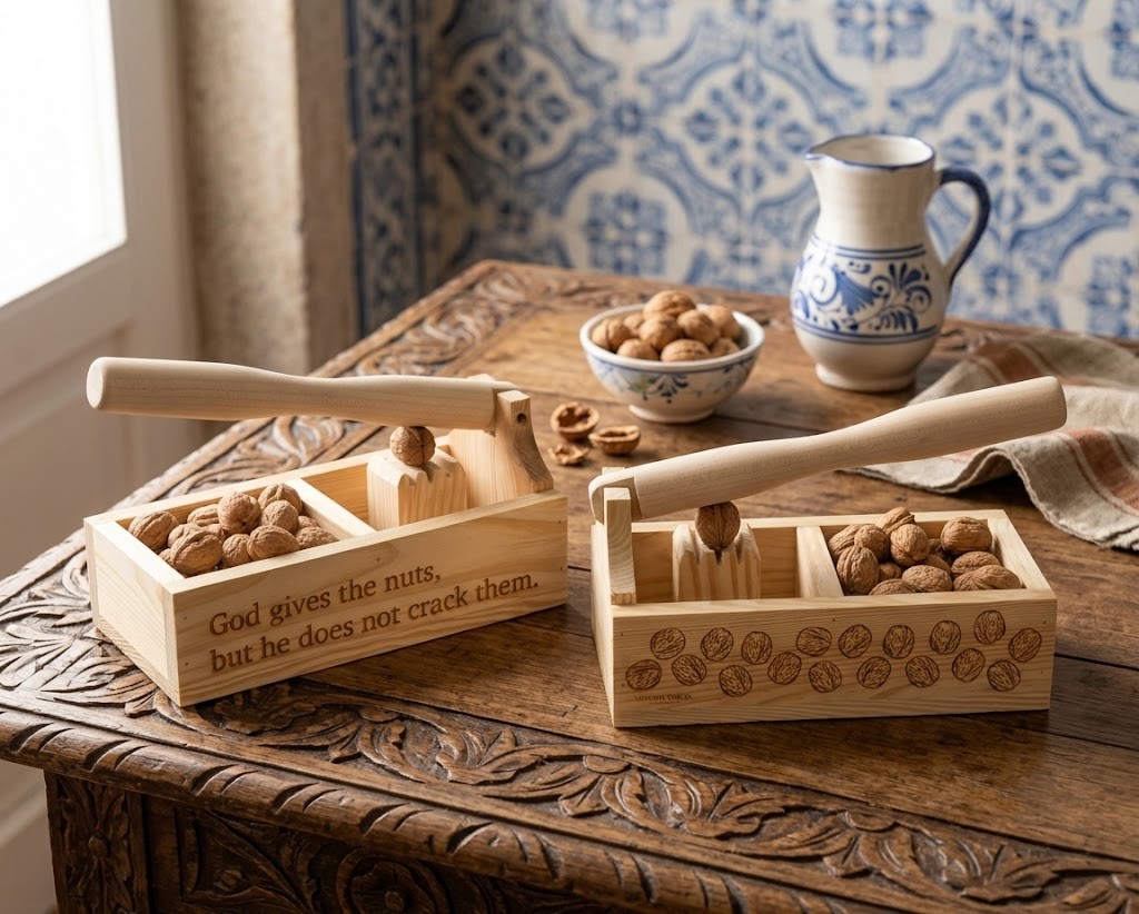 Quebra-nozes BOX Dois quebra-nozes de madeira com detalhes e frase gravada, sobre mesa de madeira em ambiente tradicional com azulejos