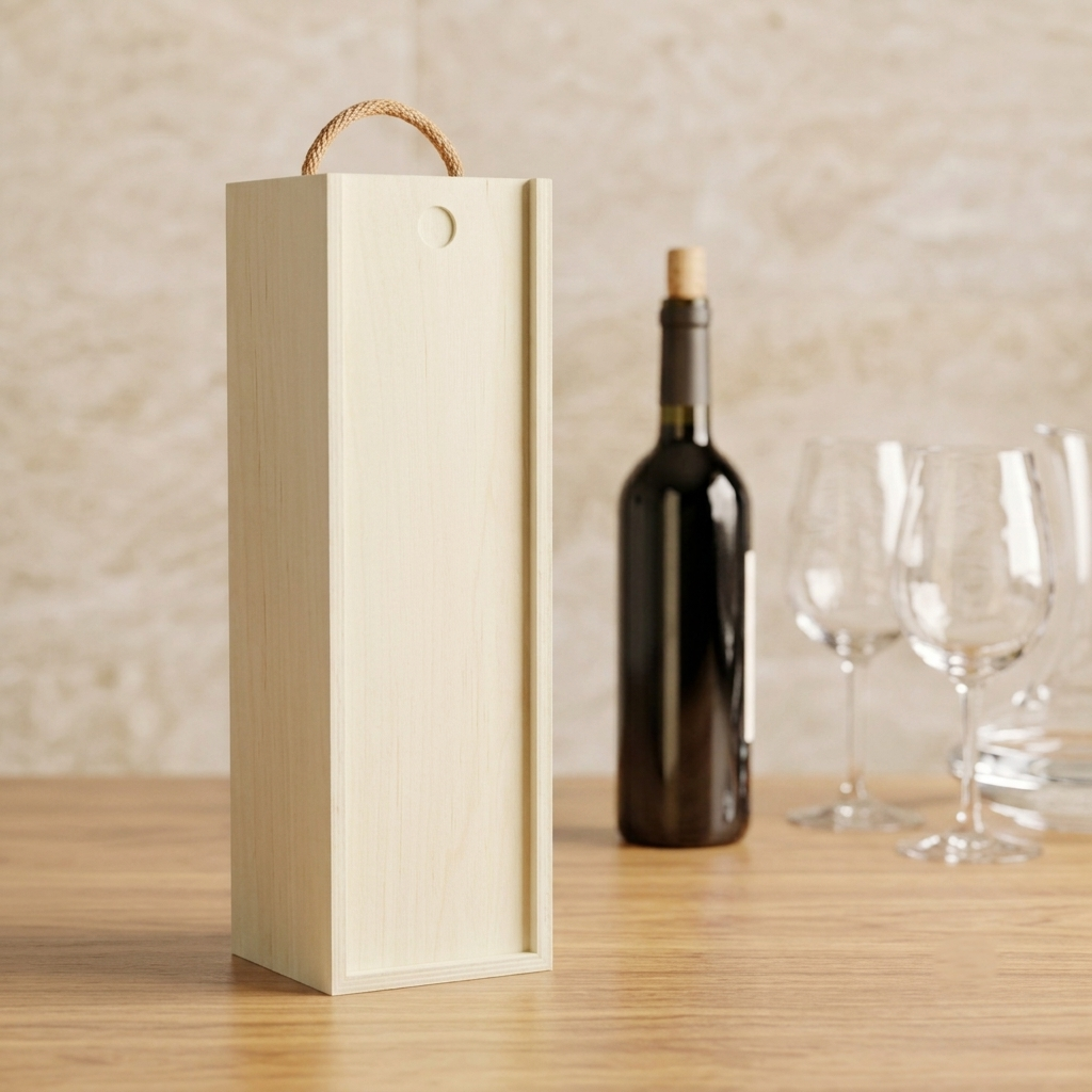 Caixa de Madeira de Choupo para 1 Garrafa de Vinho com Pega em Corda – Personalize com Gravação Laser Caixa de madeira para vinho com pega de corda e garrafa de vinho ao fundo