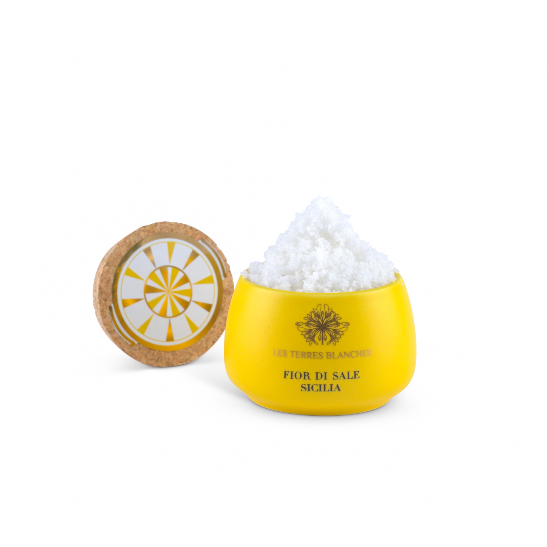 Flor de Sal da Sicilia - 80gr Pote amarelo com flor de sal e tampa de cortiça ao lado