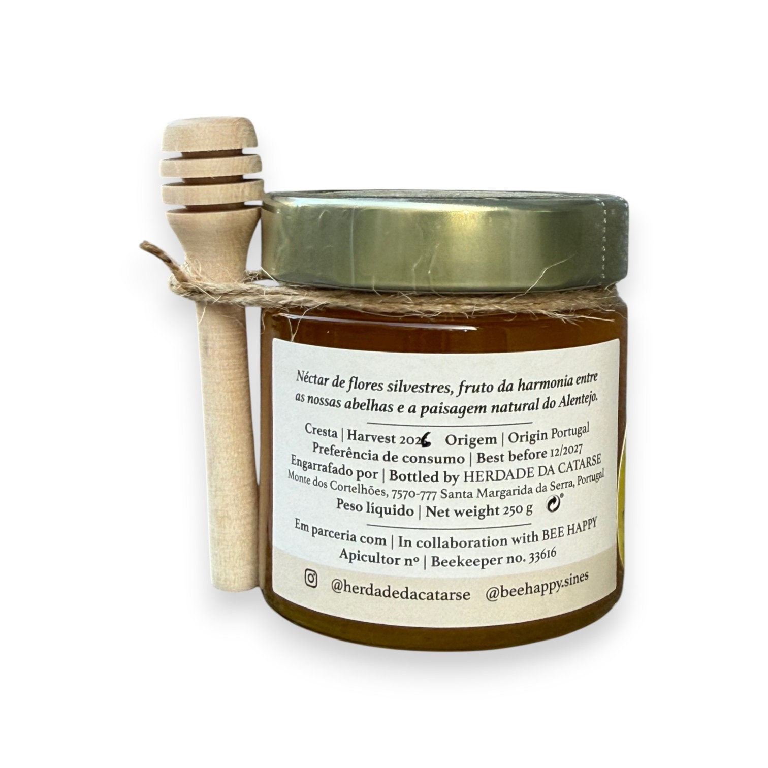 MEL SILVESTRE - HERDADE DA CATARSE 250 GR Frasco de mel com tampa metálica e pau para mel em madeira atado com corda