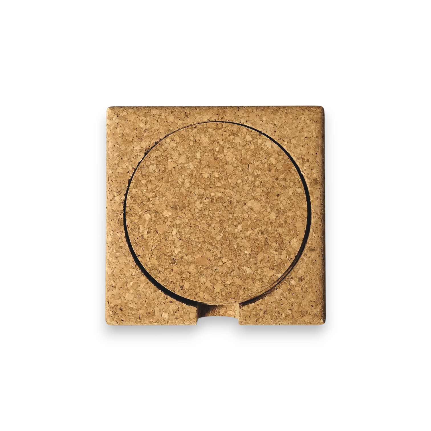 Conjunto de 6 Bases Redondas para Copos e Suporte Quadrado para Garrafa em Cortiça – Personalize com Gravação a Laser Suporte quadrado de cortiça com círculo recortado