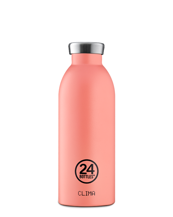 Clima Bottle - Blush Rose 500ml Garrafa térmica rosa com tampa metálica prateada e textos 24 BOTTLES e CLIMA.