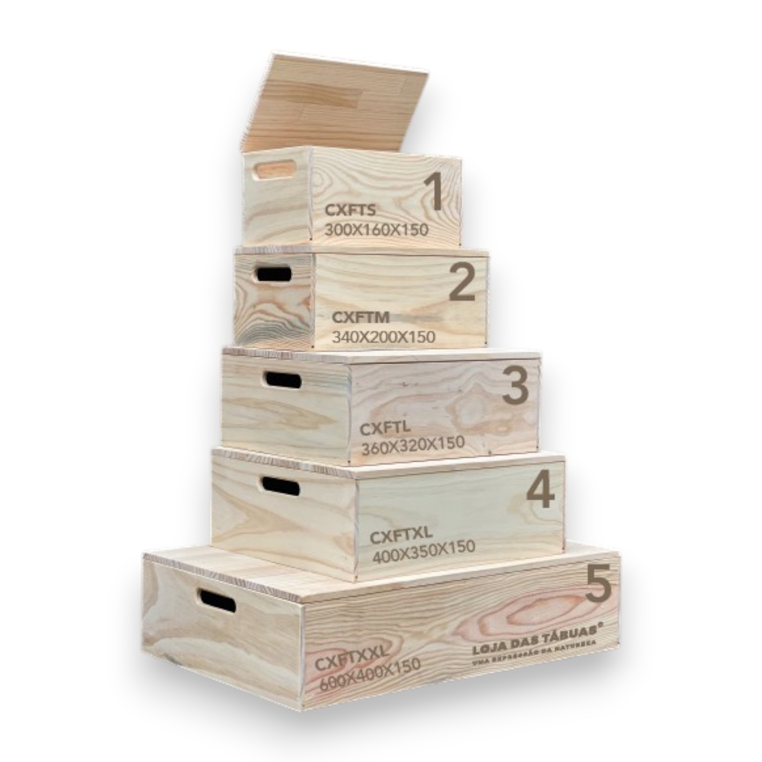 Caixa Fechada c/ Tampa e dobradiças - 5 Extra Extra Large Caixas de madeira empilhadas numeradas com texto e códigos