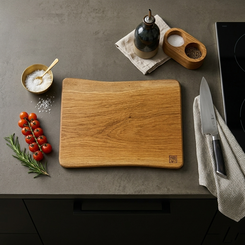 Tábua de Carvalho Laura Living - Tray S - 35 CM c/pés Tabua de cortar em madeira clara com faca, saleiro, pimenteiro, garrafa de azeite, alecrim, tomates cherry e tigela com sal grosso sobre bancada cinza
